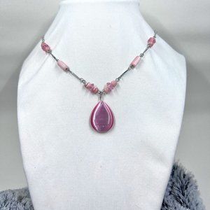 NY Silver Toned 14” Necklace with Pink Tigers Eye Pendant and Beading
